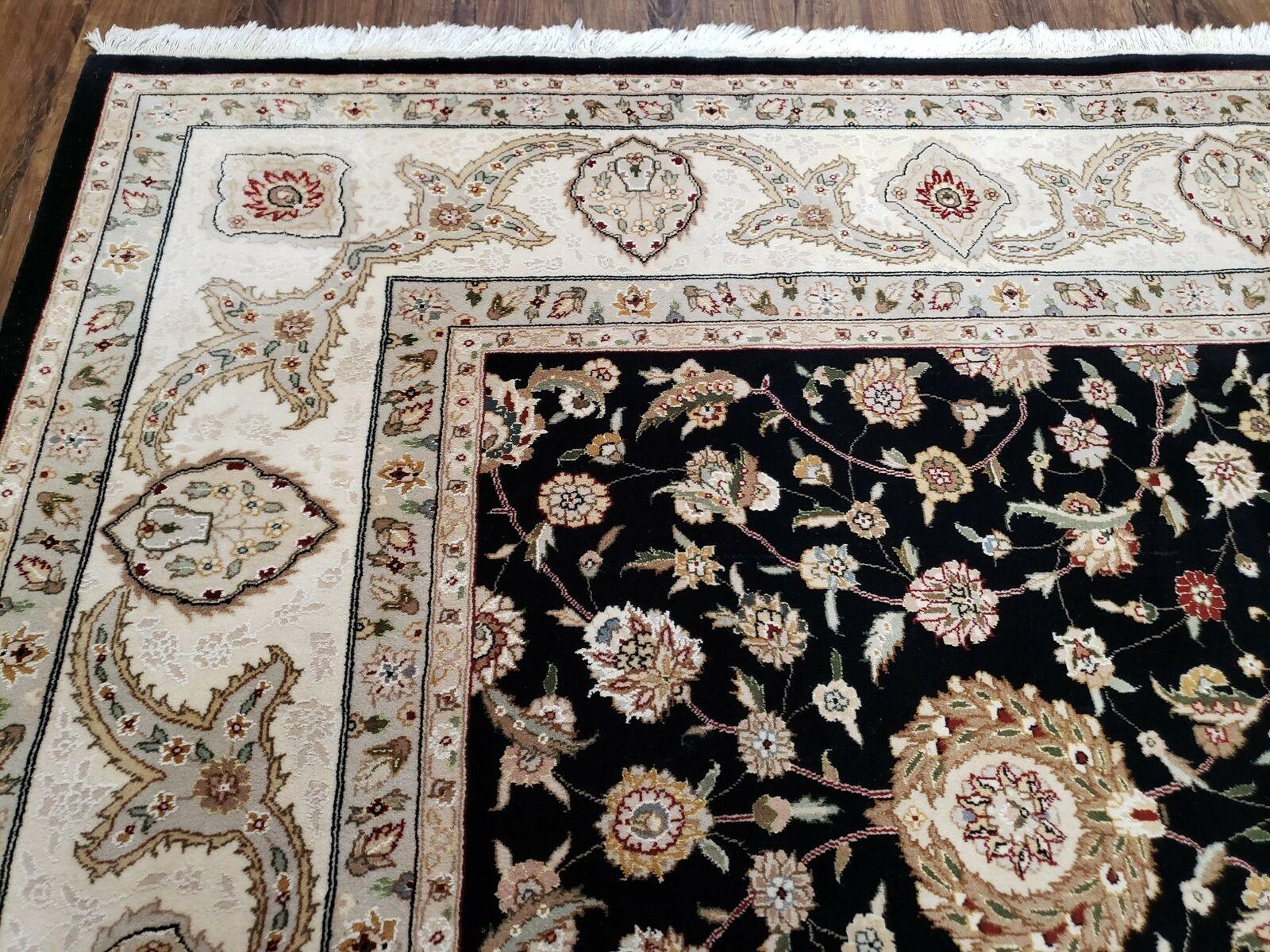 8' 5" X 11' 6" Vintage Handmade Oriental Floral Wool Rug Silk Accent Black Nice - Nuvé