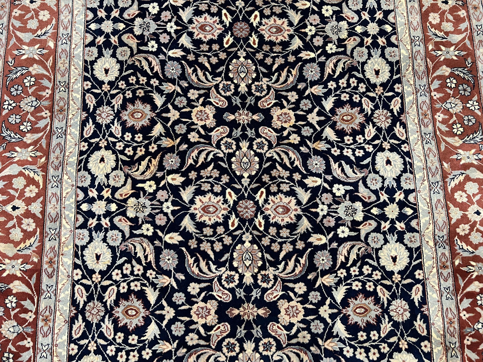 Indo Sarouk Rug 6x9, Vintage Indian Persian Rug, Wool Oriental Carpet, Navy Blue Red Allover Floral Rug, Traditional Very Fine Rug, Area Rug - Nuvé