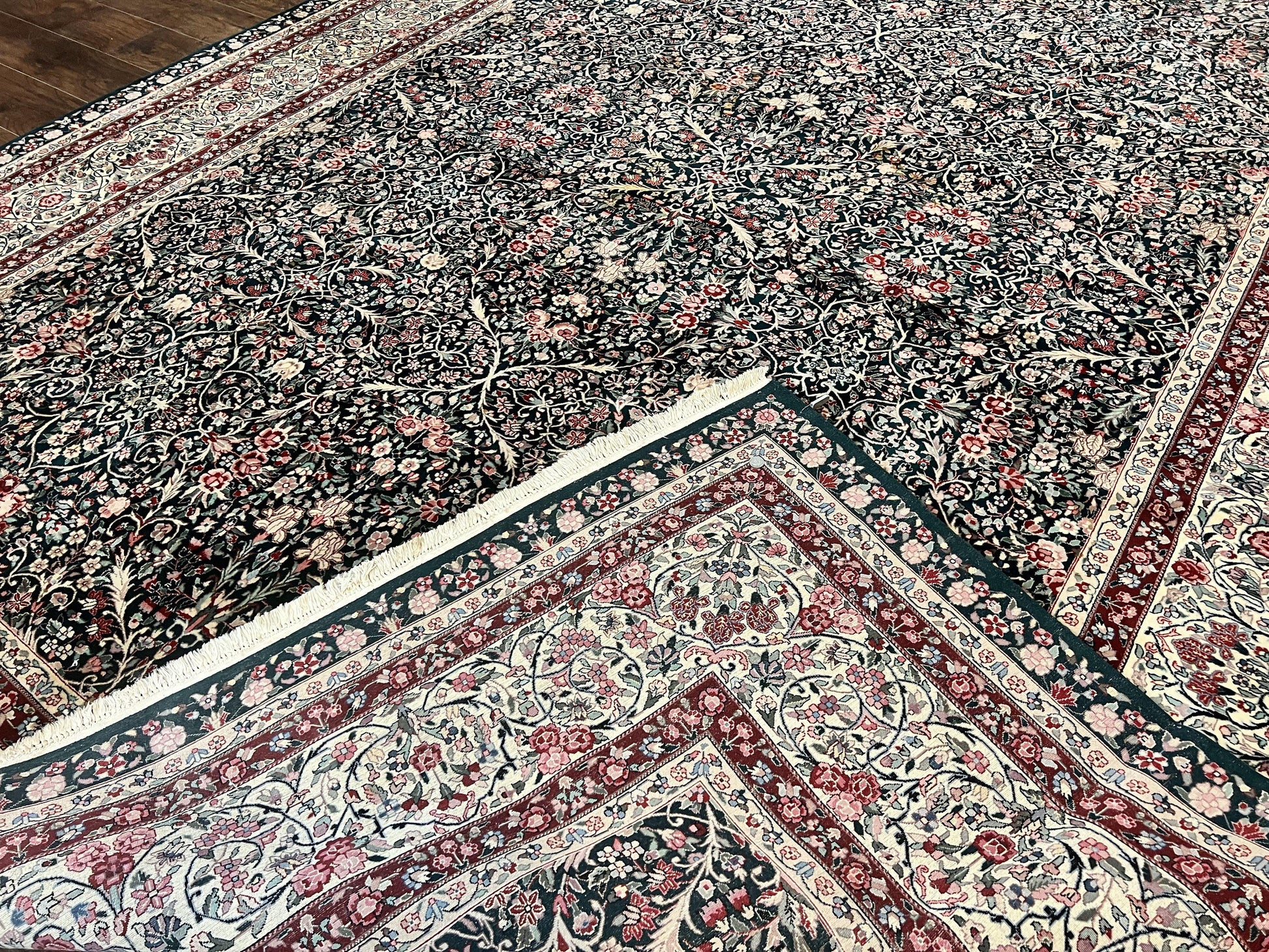 Large Sino Persian Rug 10x14, Wool Hand Knotted Vintage Carpet, Dark Green & Beige, Kirman Floral Rug, Fine Weave, Traditional, Large - Nuvé