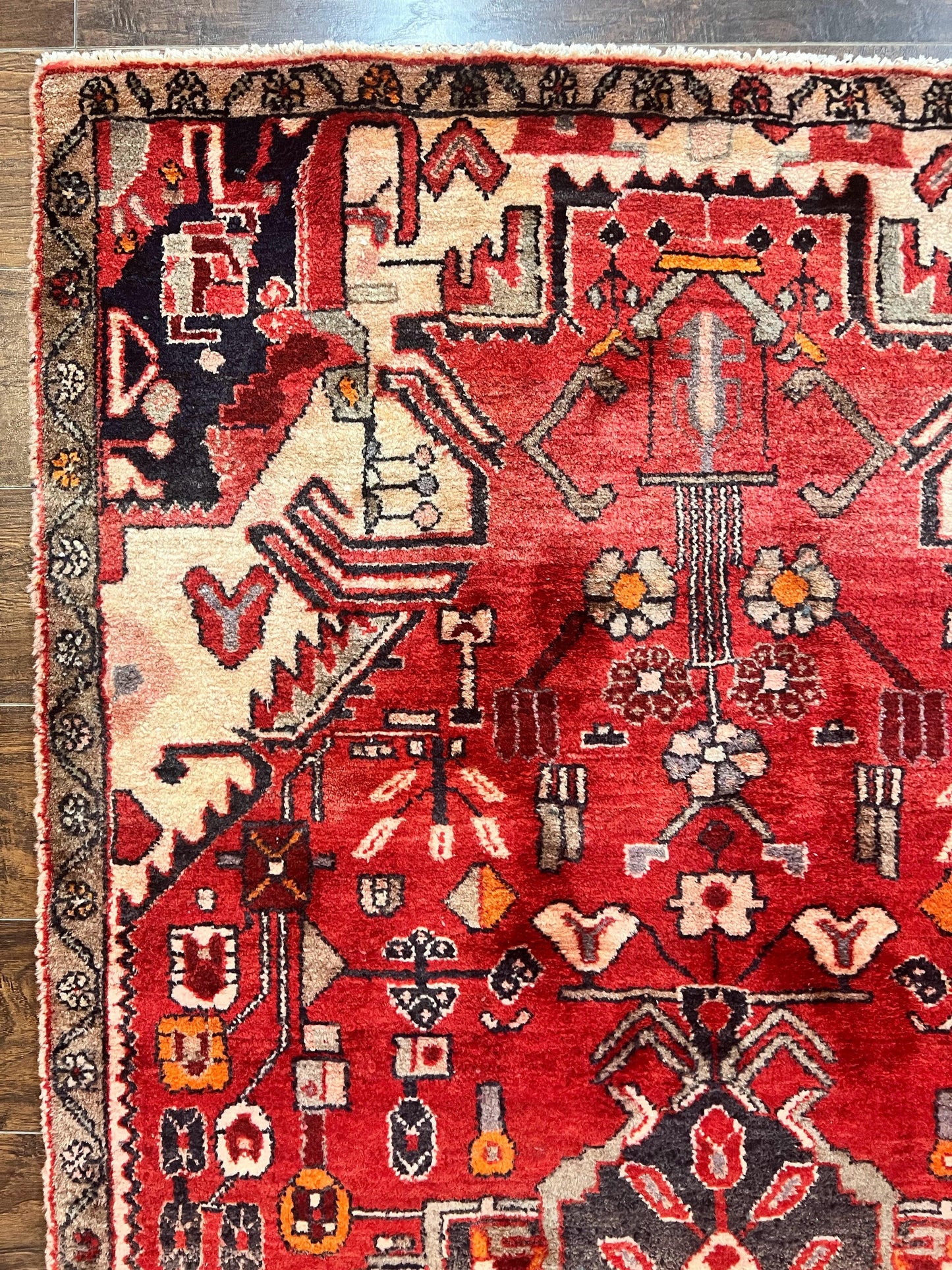 Antique Persian Tribal Rug 4 x 8, Geometric Medallion, Boho Rug, Wool Handmade Rug, Red 4x8 Rug, Persian Hamadan Rug - Nuvé