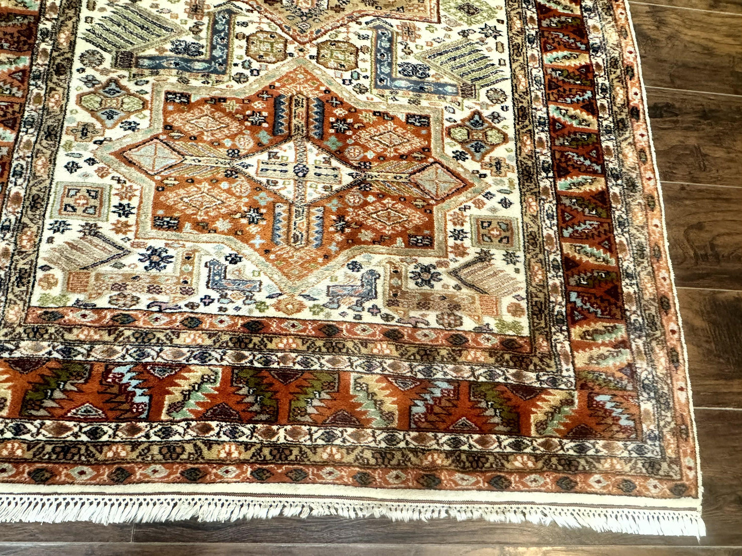 Turkish Kazak Rug 4x6, Geometric Medallions, Vintage Handmade Wool Carpet - Nuvé