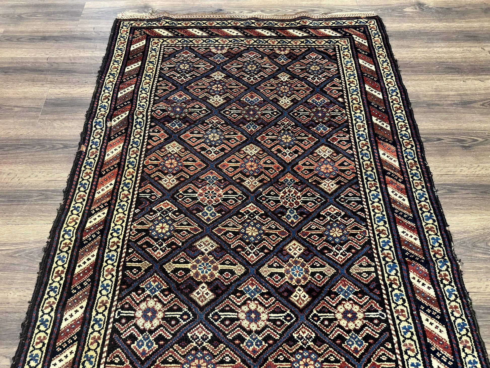 Antique Persian Wide Runner Rug 4x9, Kurdish Rug, Panel Design, Rainbow Border, Rare Tribal Rug - Nuvé