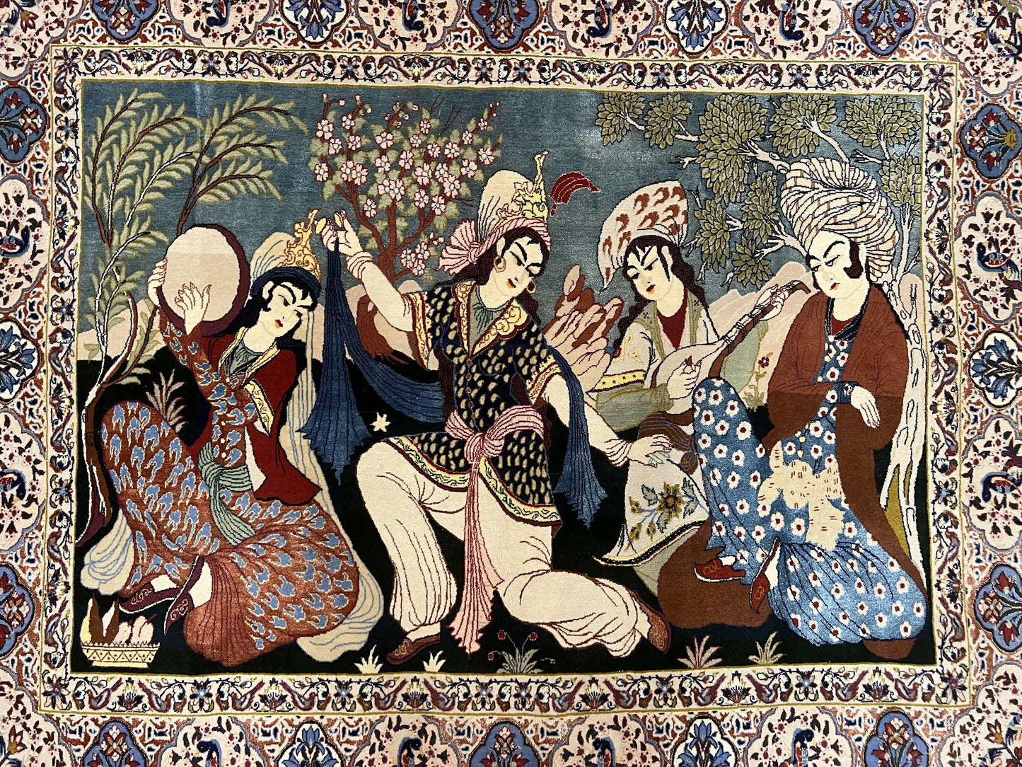 Persian Pictorial Rug 5 x 4 ft, Persian Isfahan Rug, Kork Wool on Silk Foundation, Signature from Master Weaver, Drums and Musical Instruments, Birds, Detailed - Nuvé