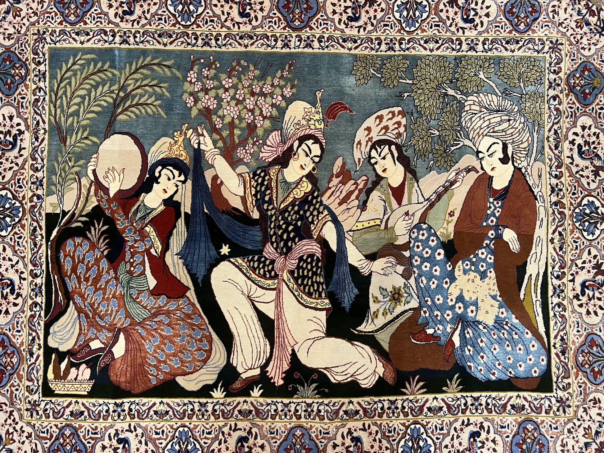 Persian Pictorial Rug 5 x 4 ft, Persian Isfahan Rug, Kork Wool on Silk Foundation, Signature from Master Weaver, Drums and Musical Instruments, Birds, Detailed - Nuvé
