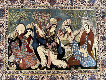 Persian Pictorial Rug 5 x 4 ft, Persian Isfahan Rug, Kork Wool on Silk Foundation, Signature from Master Weaver, Drums and Musical Instruments, Birds, Detailed - Nuvé
