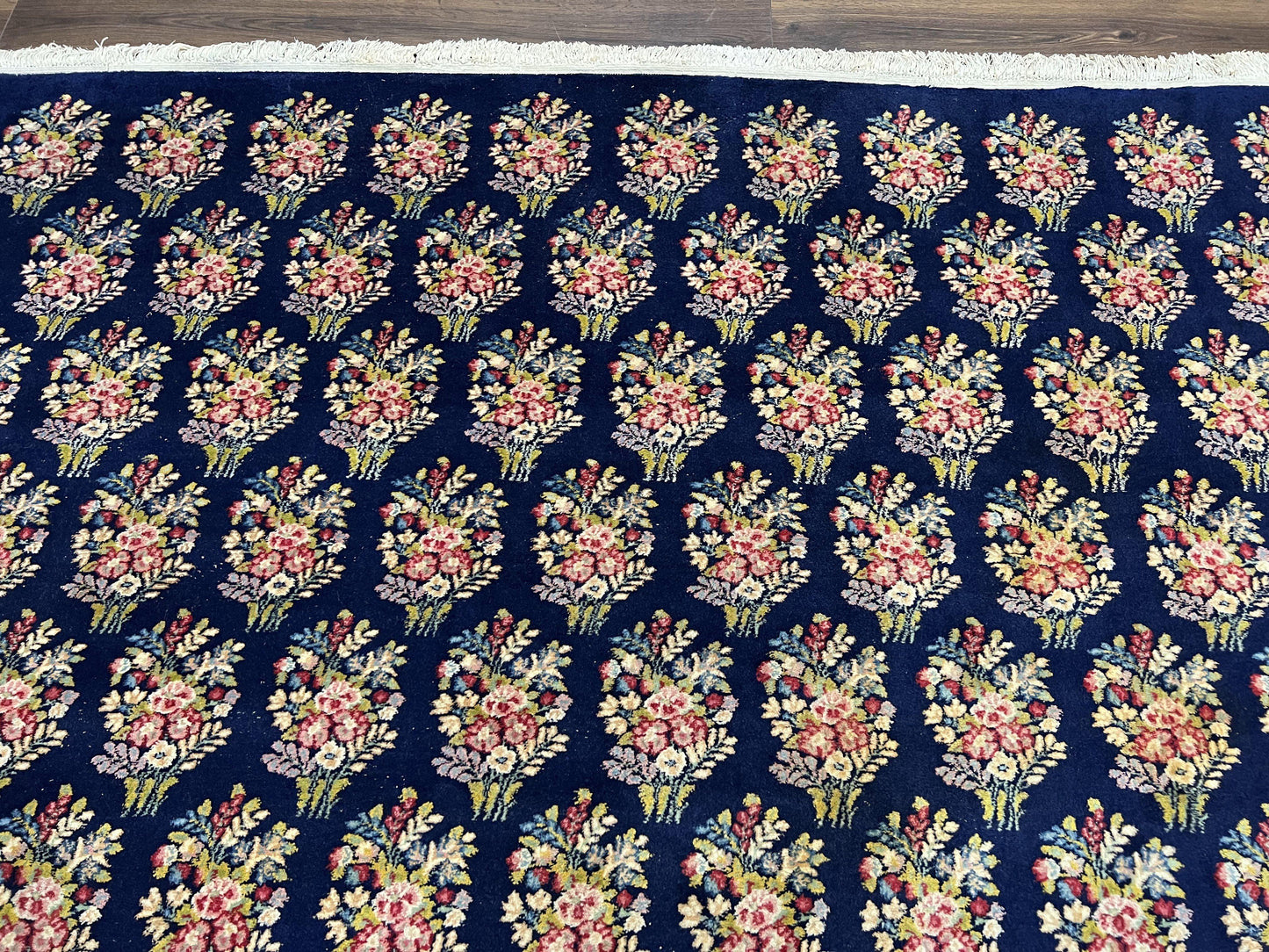 Persian Rug 9x12, Authentic Hand Knotted Carpet, Repeated Floral Motif Garden of Eden, Navy Blue Wool Rug 9 x 12, Semi Antique Kirman Rug - Nuvé