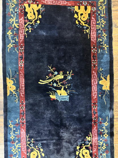 Antique Chinese Peking Rug 3x6, Dark Blue, Bird Motif, Handmade Wool Art Deco Asian Oriental Carpet, Pair B