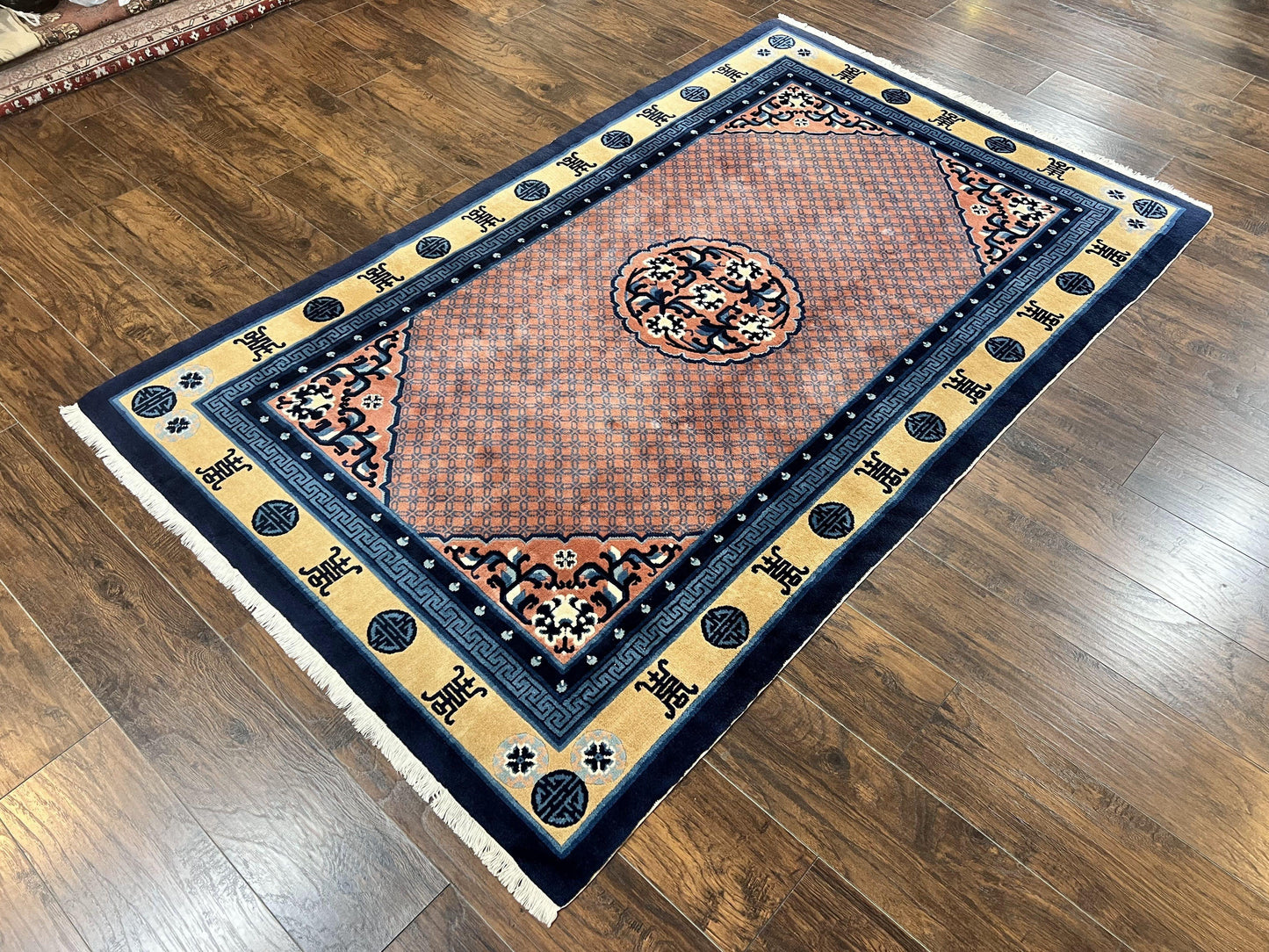Chinese Peking Rug 5x8, Vintage Semi Antique Chinese Art Deco Carpet, Wool Pile Light Red/Salmon Gold Navy Blue, Handmade Asian Oriental Rug - Nuvé