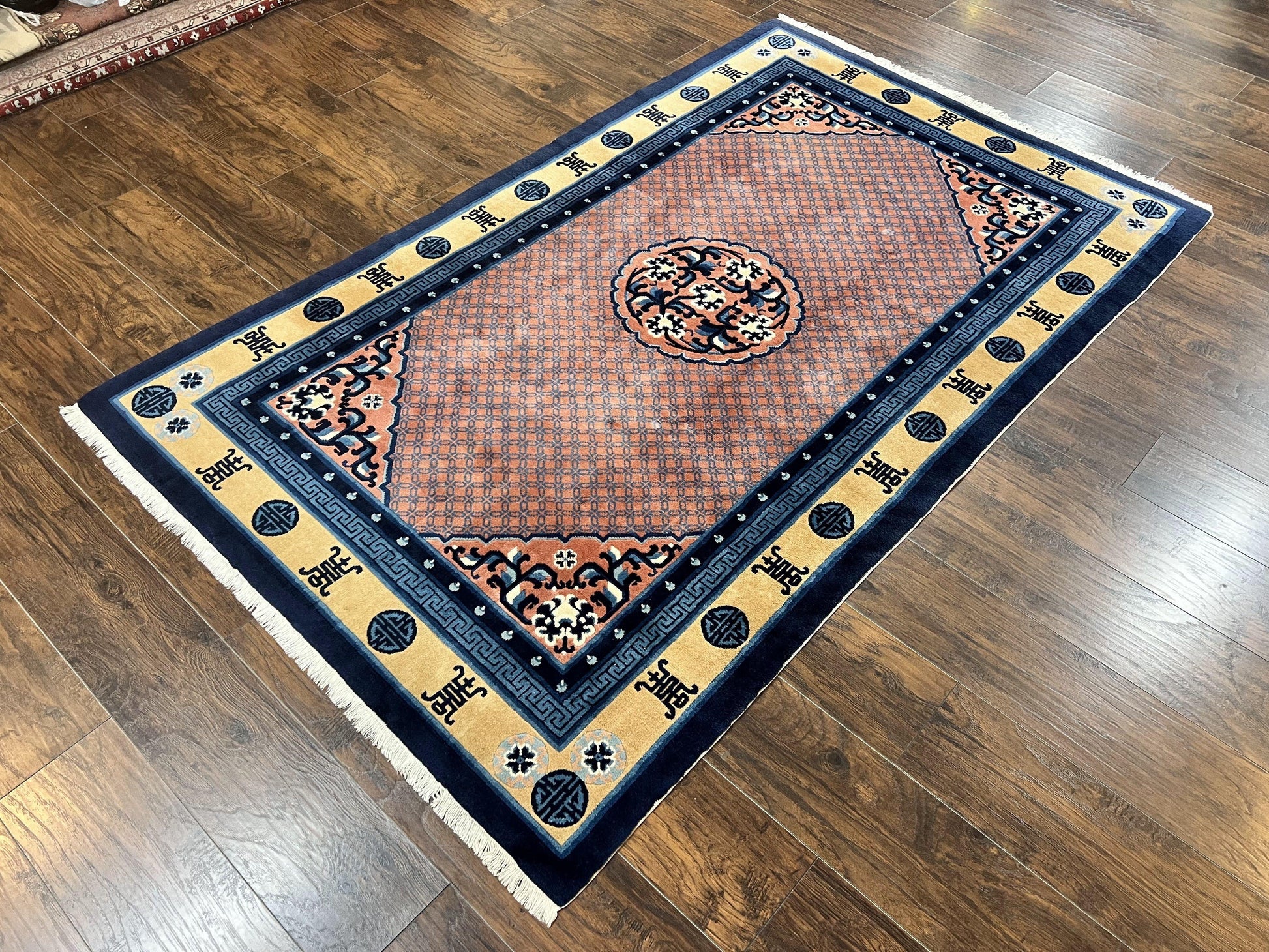 Chinese Peking Rug 5x8, Vintage Semi Antique Chinese Art Deco Carpet, Wool Pile Light Red/Salmon Gold Navy Blue, Handmade Asian Oriental Rug - Nuvé