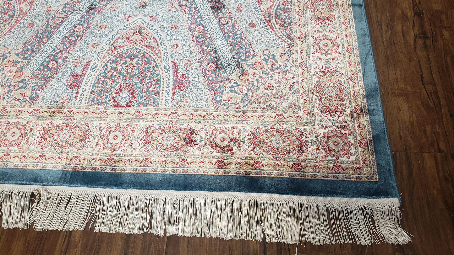 4x6 Silk Carpet, Light Blue & Beige Oriental Rug 4 x 6ft, Traditional Design Medallion All Over, Bamboo Silk, Super Fine, High Quality, Soft - Nuvé