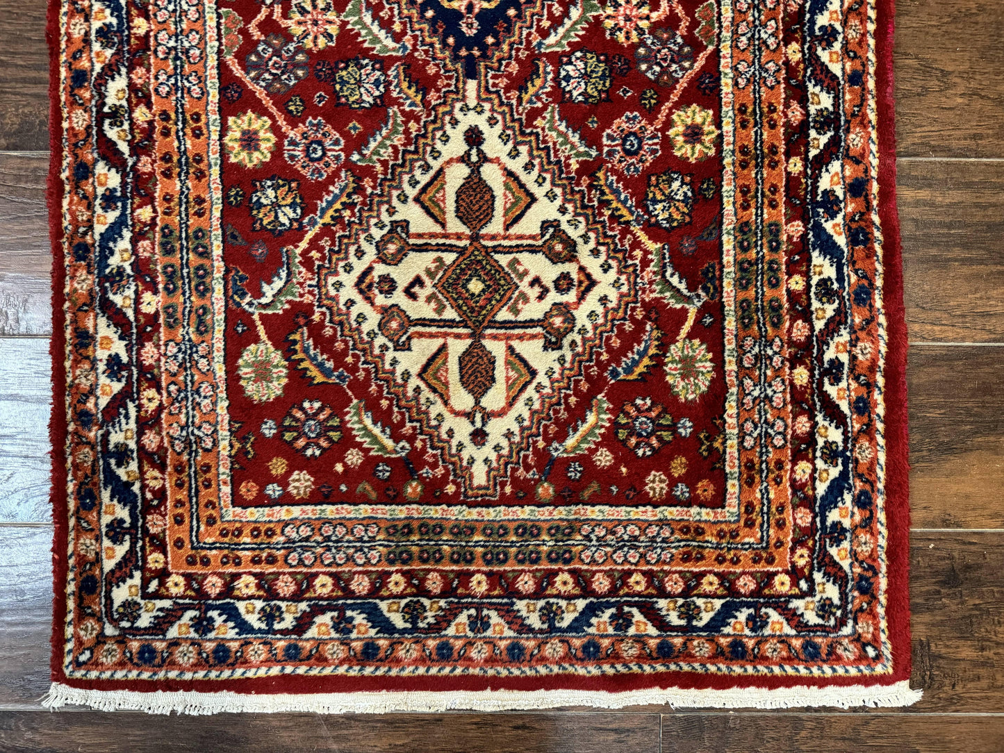 Antique Persian Qashqai Runner Rug 3 x 13 ft, Tribal Runner, Geometric Medallions, Red Ivory Blue, Wool - Nuvé