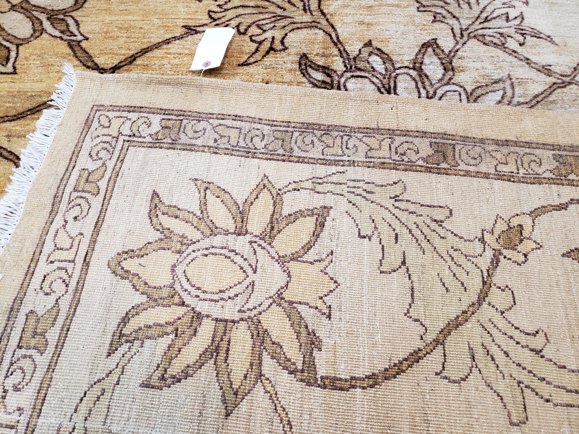 Oversized Peshawar Chobi Oushak Area Rug 11.6 x 12.5, Wool Hand-Knotted Light Gold & Ivory Decorative Pakistani Floral Carpet, 11x12 - 12x13 - Nuvé
