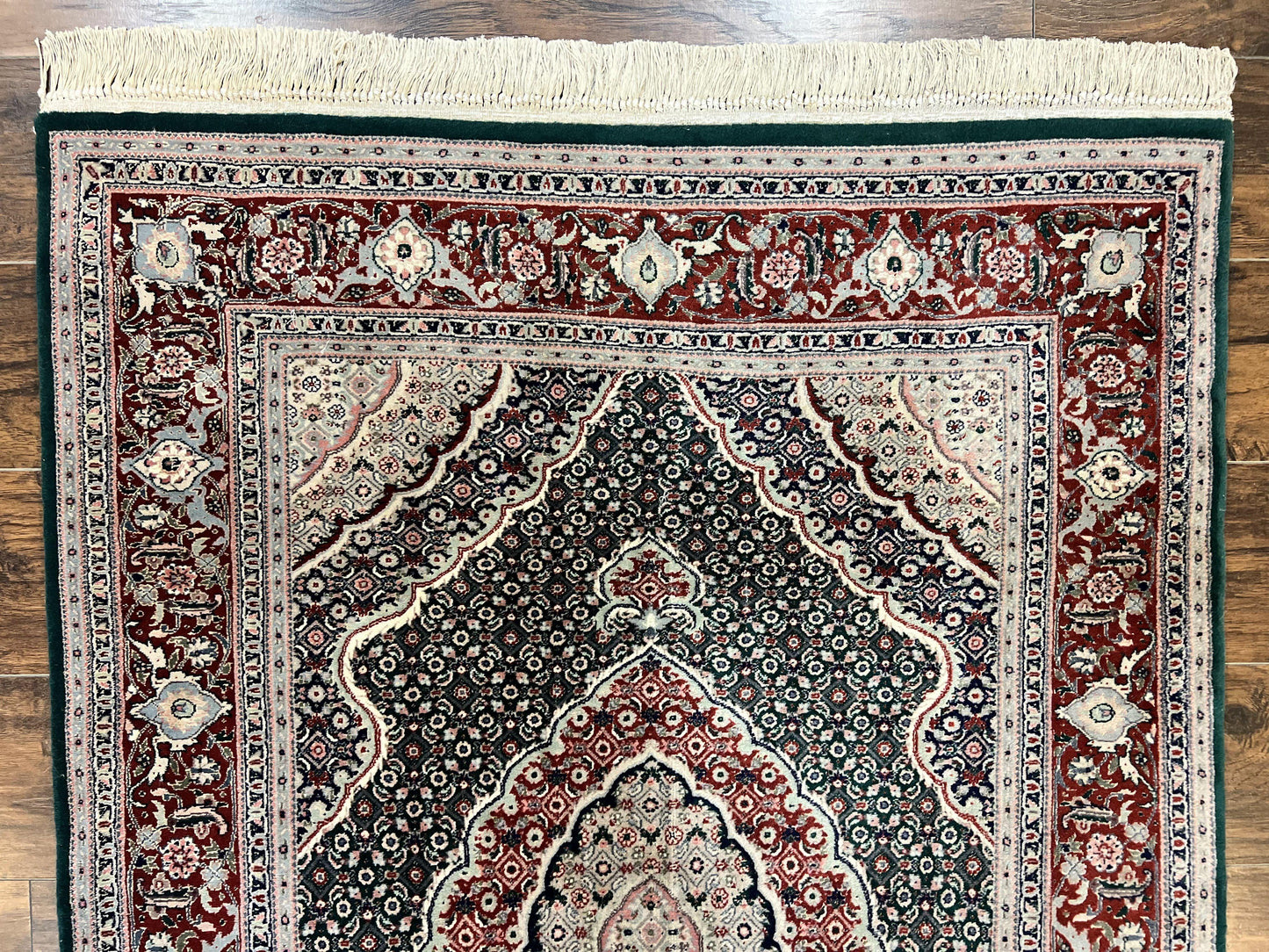 Sino Persian Rug 4x6, Wool with Silk Highlights, Fine Hand Knotted Carpet, Green & Maroon Red, Herati Medallion, Vintage Rug - Nuvé