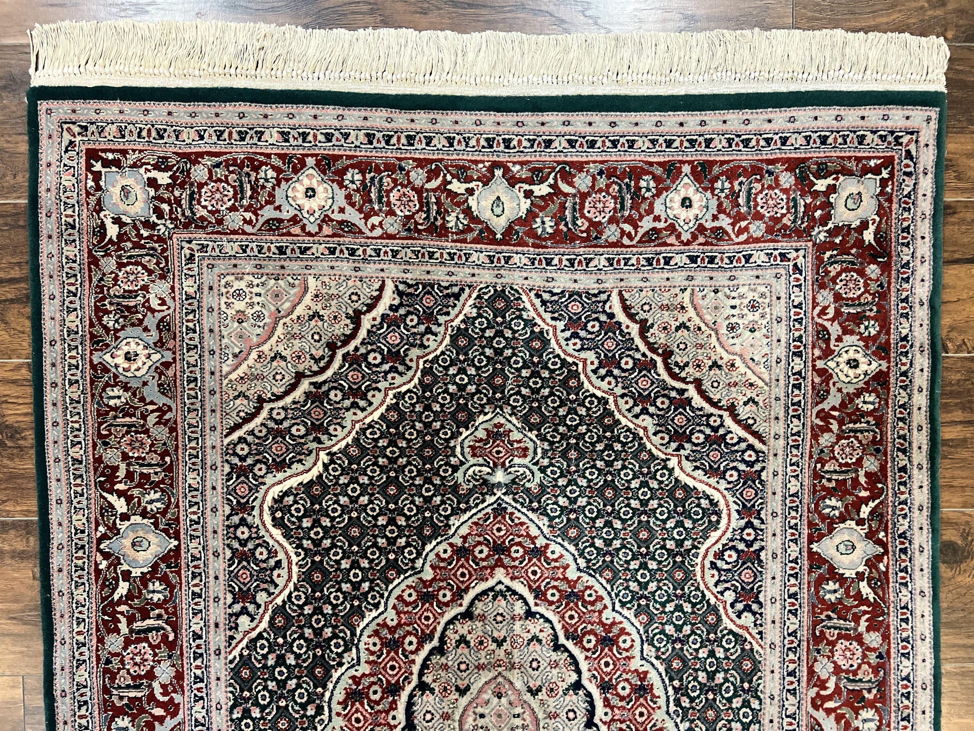 Sino Persian Rug 4x6, Wool with Silk Highlights, Fine Hand Knotted Carpet, Green & Maroon Red, Herati Medallion, Vintage Rug - Nuvé