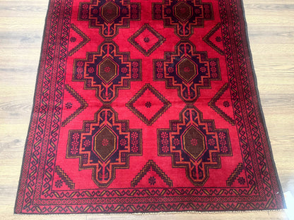 Afghan Rug 4x7, Tribal Carpet, Balouch Rug, Red and Navy Blue, Repeated Medallions, New - Nuvé