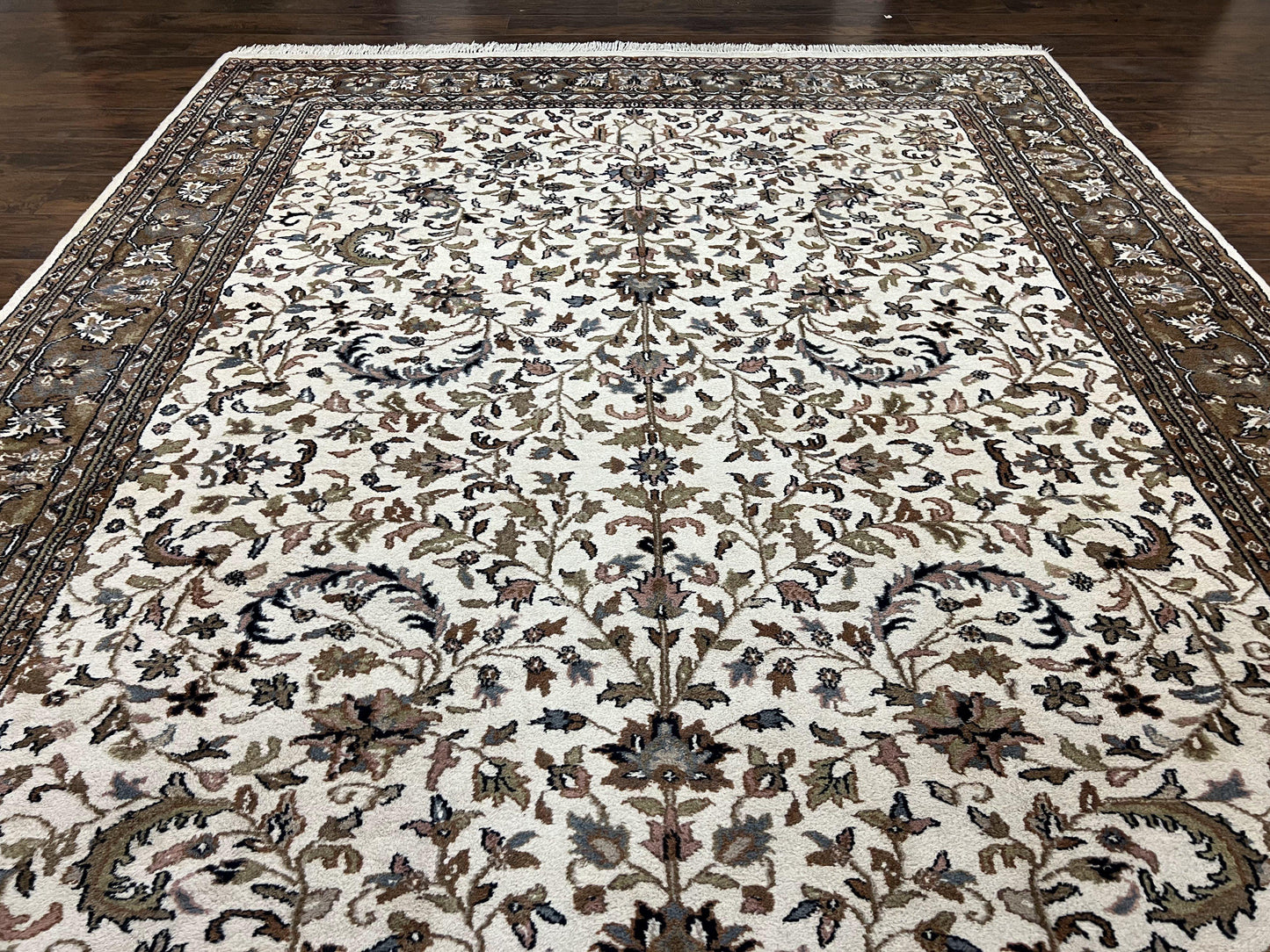 Indo Kirman Rug 8x12 Allover Floral Design, Ivory/Cream Brown, Vintage Handmade Hand Knotted Rug, Traditional Wool Persian Carpet 8 x 12 - Nuvé