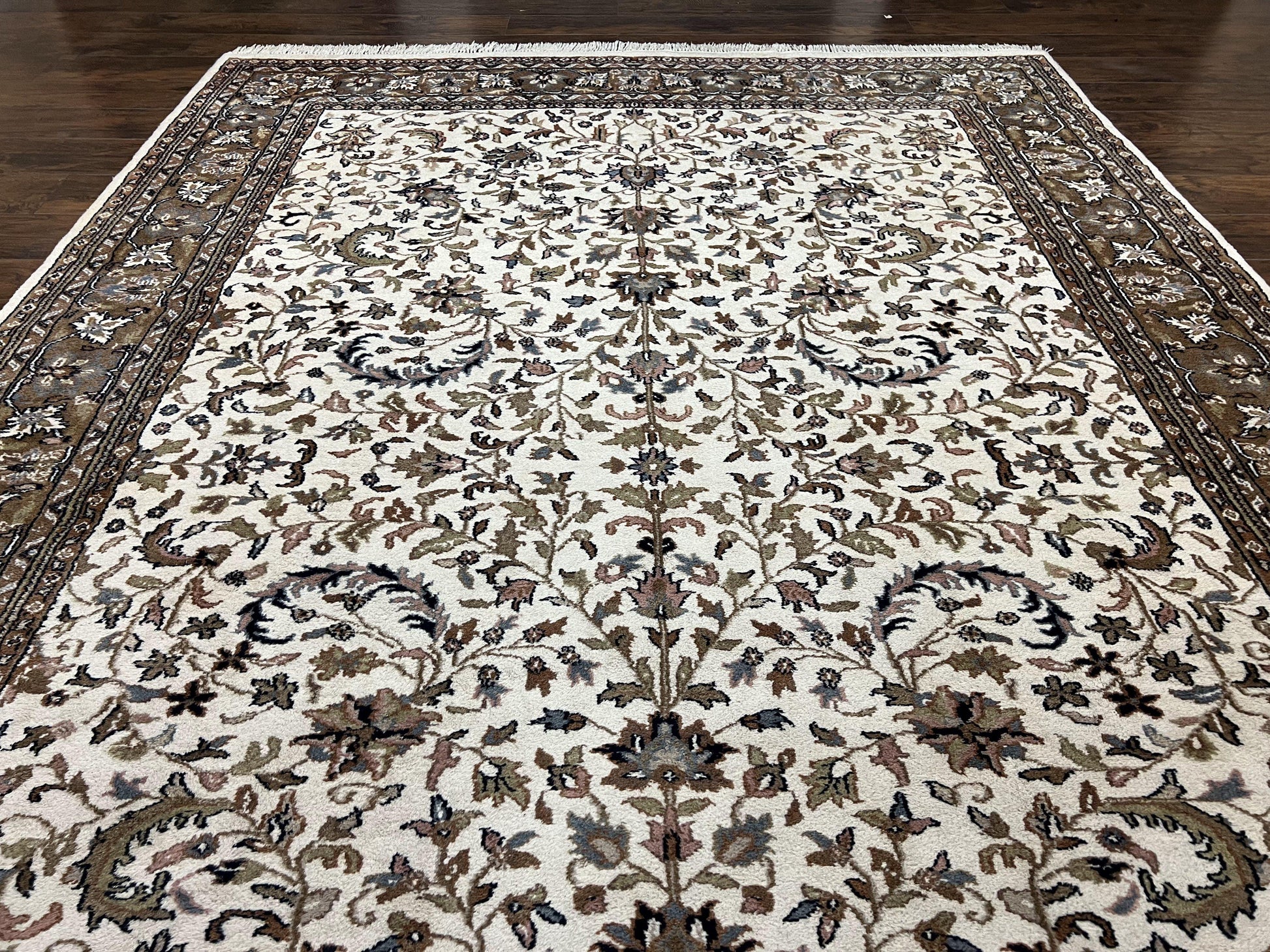 Indo Kirman Rug 8x12 Allover Floral Design, Ivory/Cream Brown, Vintage Handmade Hand Knotted Rug, Traditional Wool Persian Carpet 8 x 12 - Nuvé
