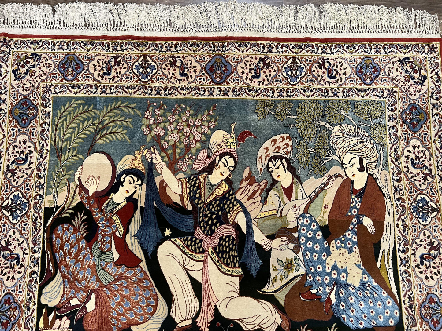 Persian Pictorial Rug 5 x 4 ft, Persian Isfahan Rug, Kork Wool on Silk Foundation, Signature from Master Weaver, Drums and Musical Instruments, Birds, Detailed - Nuvé