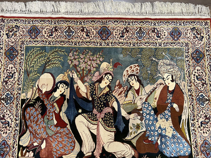 Persian Pictorial Rug 5 x 4 ft, Persian Isfahan Rug, Kork Wool on Silk Foundation, Signature from Master Weaver, Drums and Musical Instruments, Birds, Detailed - Nuvé