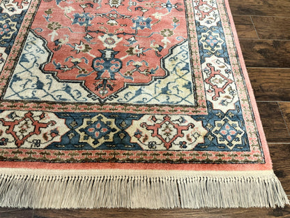 Karastan Rug 4x6 Bergama Design #737, Karastan Area Rug, Vintage Wool Karastan Carpet, Original Collection 700 Series, Salmon Red Light Blue - Nuvé