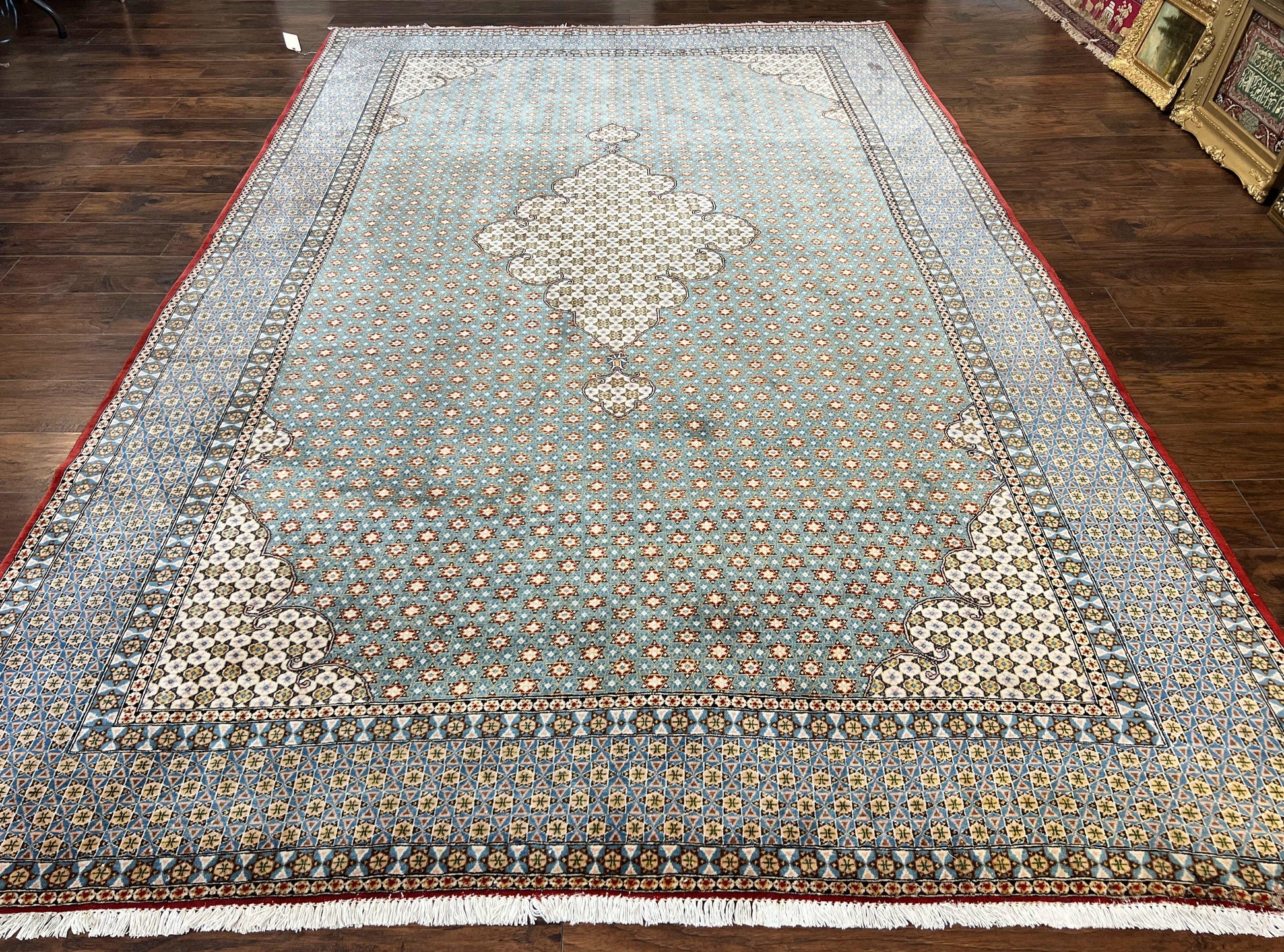 Rare Persian Rug 8x12, Qum Rug, Repeated Star Motifs, Blue and Ivory, Fine 300 KPSI, Hand Knotted Handmade Vintage Wool Rug - Nuvé