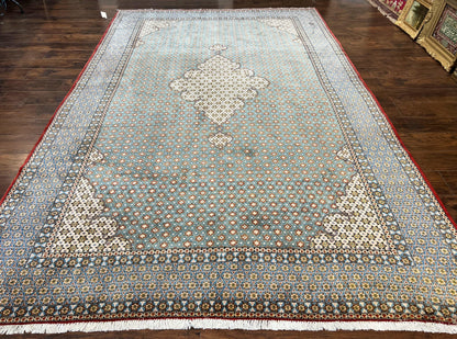 Rare Persian Rug 8x12, Qum Rug, Repeated Star Motifs, Blue and Ivory, Fine 300 KPSI, Hand Knotted Handmade Vintage Wool Rug - Nuvé