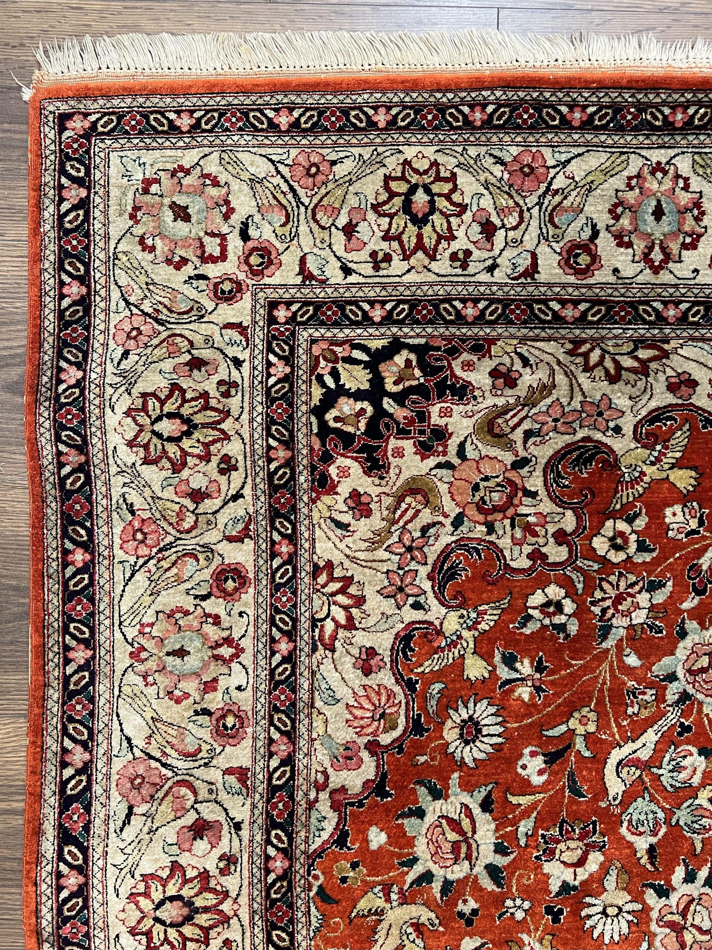 Persian Qum Silk Rug 5x7 - Floral Medallion, Birds, Orange-Red - Nuvé