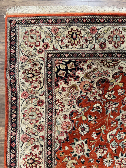 Persian Qum Silk Rug 5x7 - Floral Medallion, Birds, Orange-Red - Nuvé