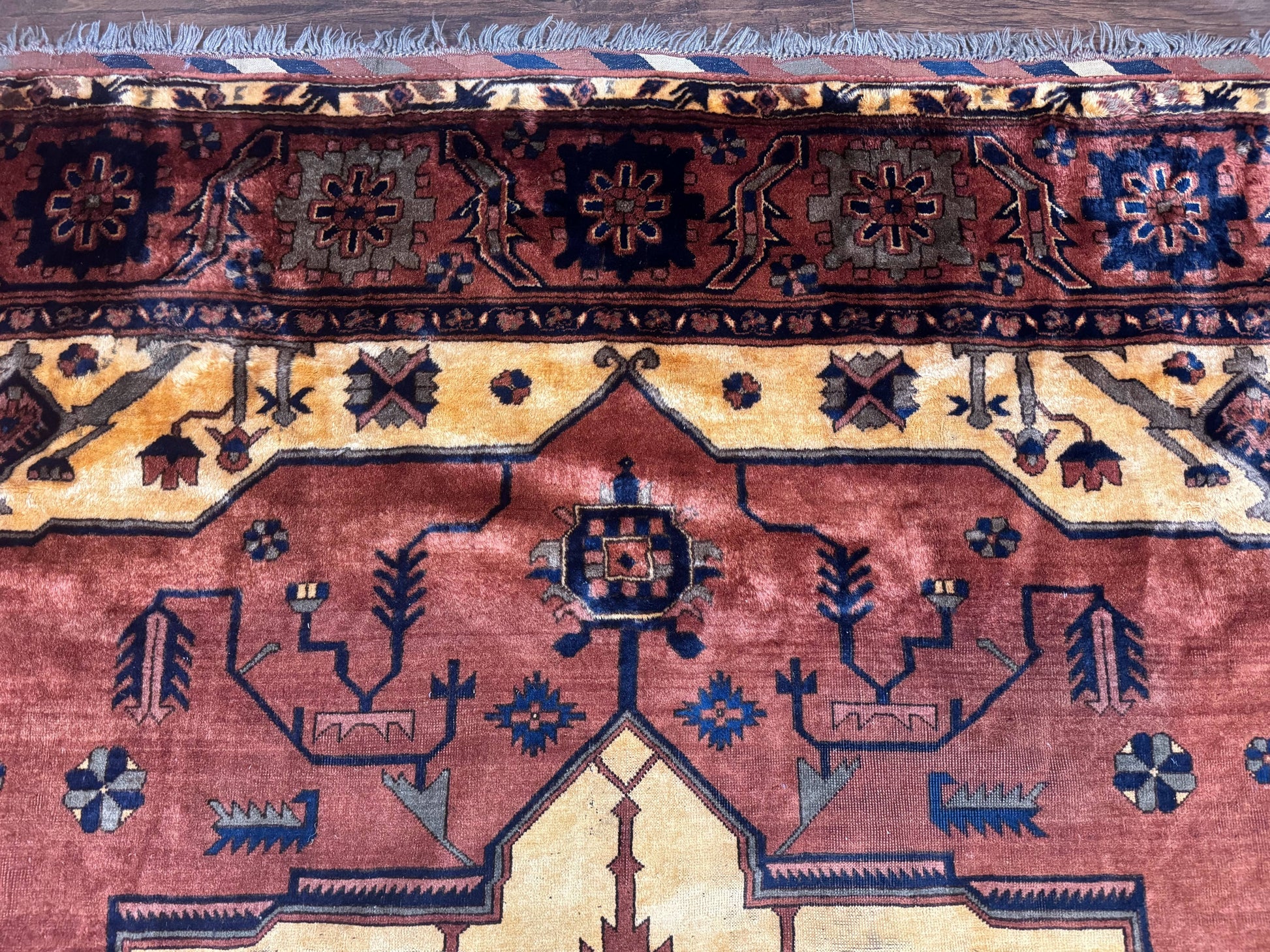 Afghan Heriz Rug 9x12, Tribal Geometric Serapi Carpet, Rust Cream and Navy, Wool on Wool - Nuvé