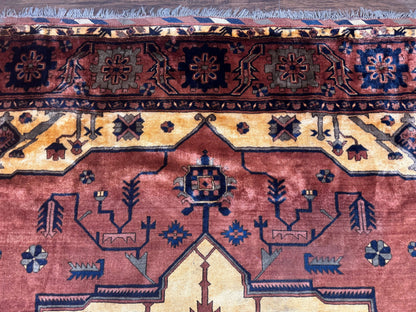 Afghan Heriz Rug 9x12, Tribal Geometric Serapi Carpet, Rust Cream and Navy, Wool on Wool - Nuvé