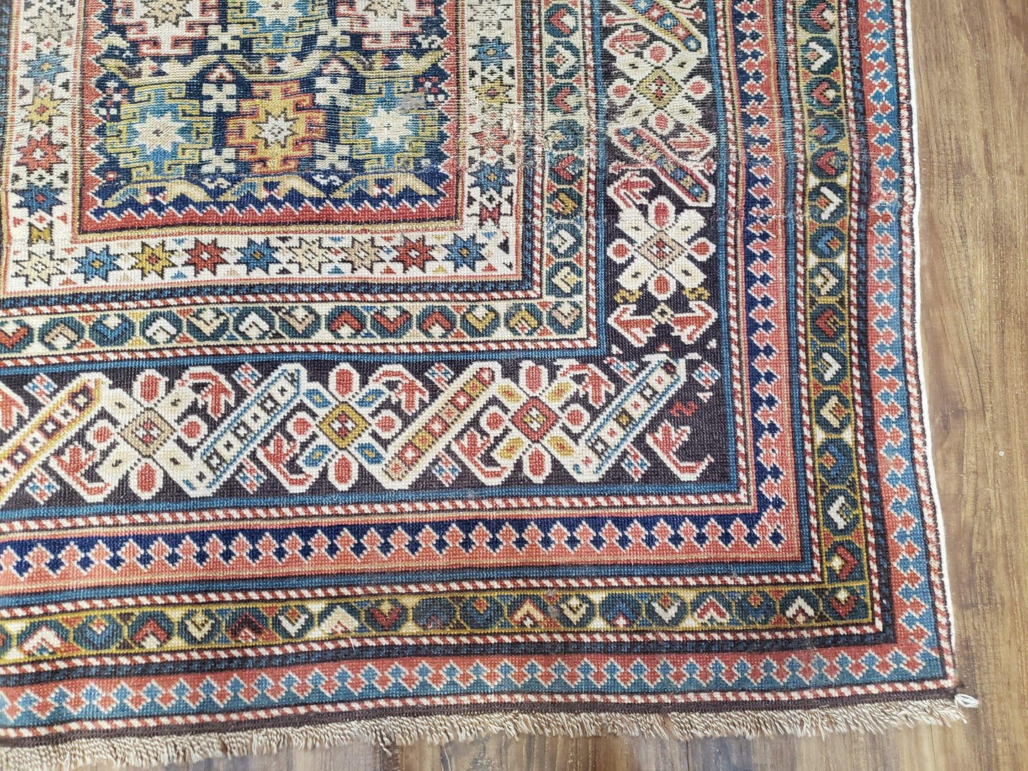 Caucasian Rug 3'9" x 5'7", Antique 1920s Collectible Caucasian Chi Chi Carpet, Hand Knotted, Colorful, Dark Blue Cream Red, Wool, Small Rug - Nuvé