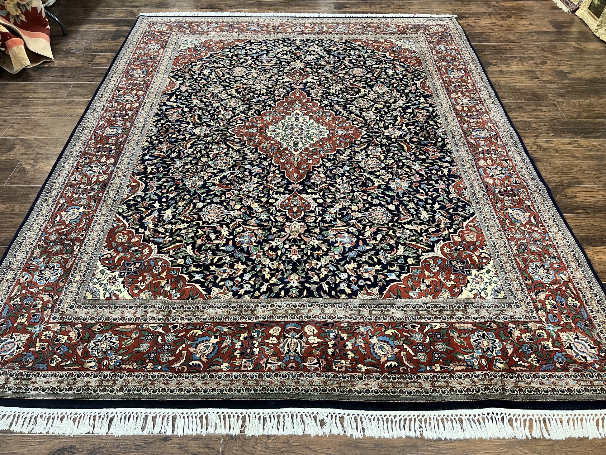 Indo Persian Rug 8x10, Floral Medallion, Vintage Handmade Wool Carpet, Navy Blue and Red, Fine 300 KPSI - Nuvé