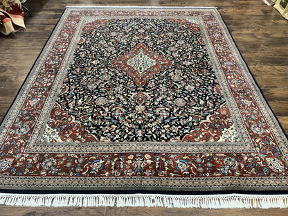 Indo Persian Rug 8x10, Floral Medallion, Vintage Handmade Wool Carpet, Navy Blue and Red, Fine 300 KPSI - Nuvé