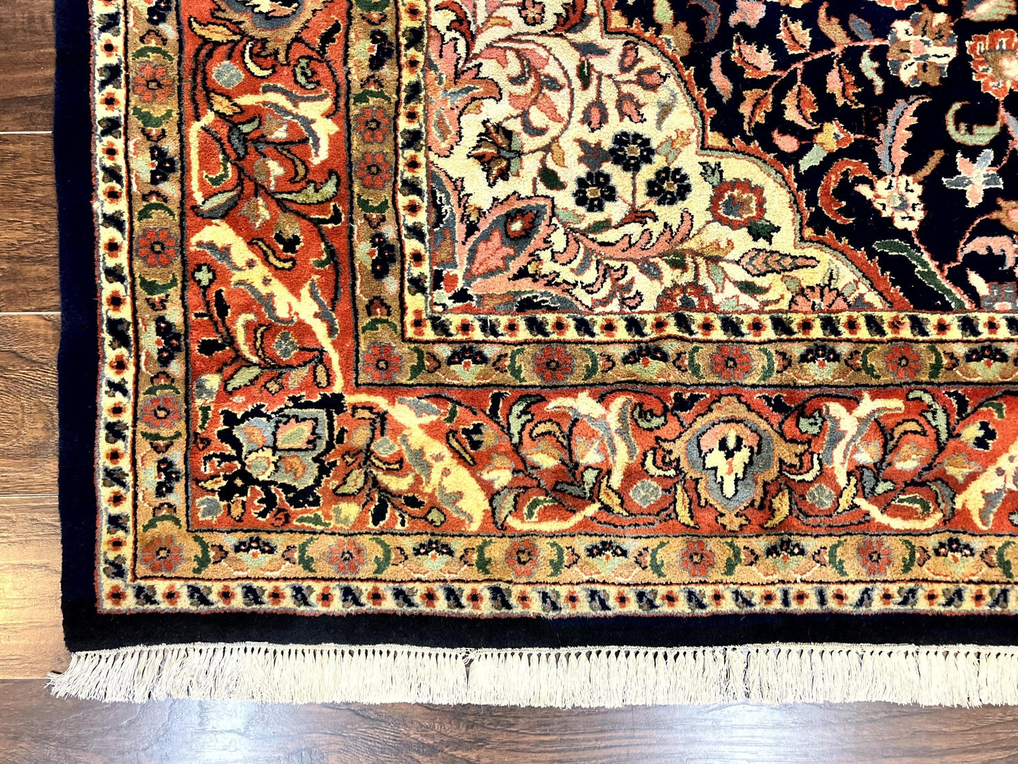Indo Persian Rug 8x10, Midnight Blue & Red, Handmade Vintage Wool Carpet, Floral Medallion - Nuvé