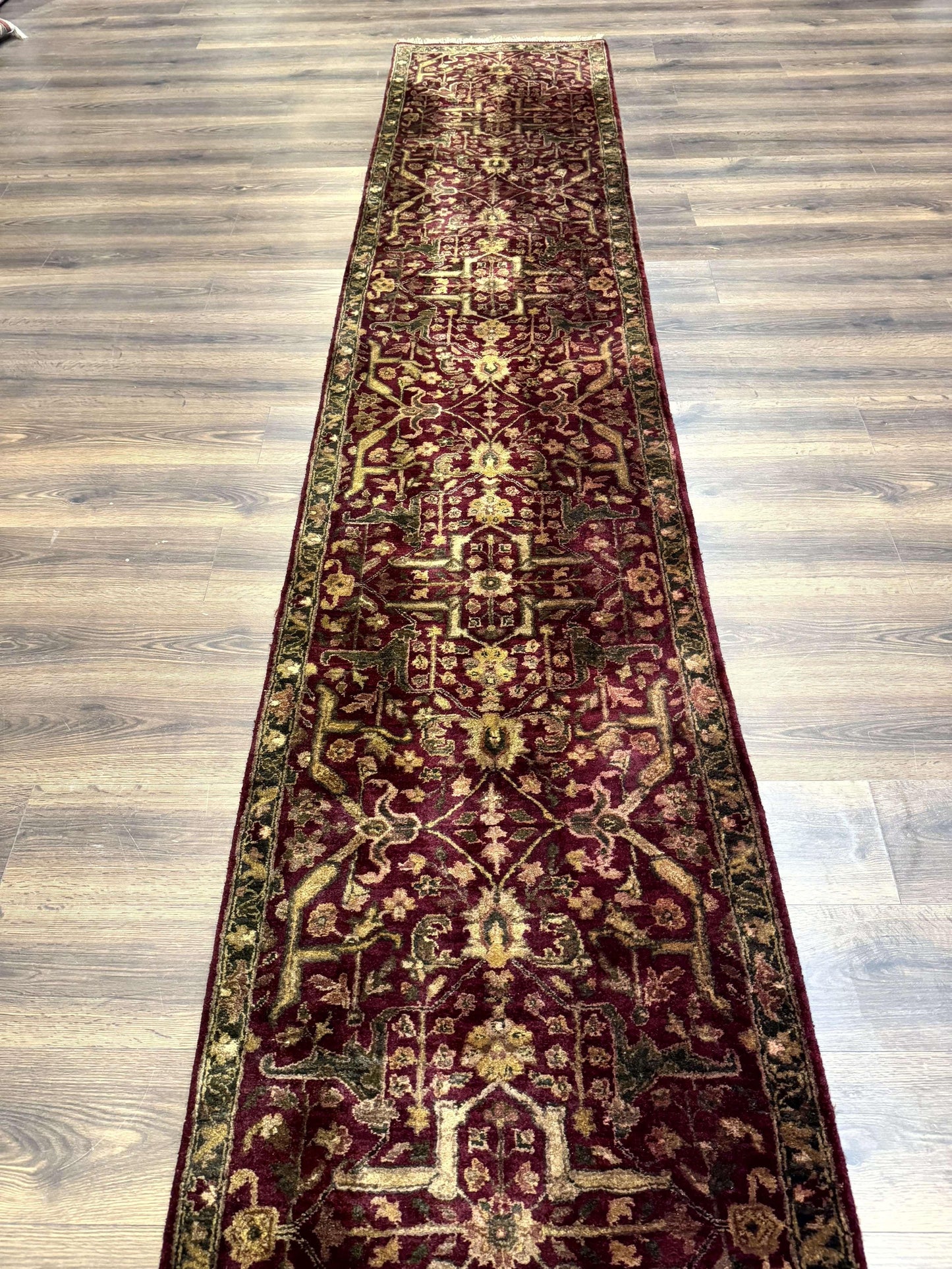 Indo Persian Runner Rug 2.7 x 13.8, Maroon, Wool, Handmade Indian Rug for Hallway - Nuvé