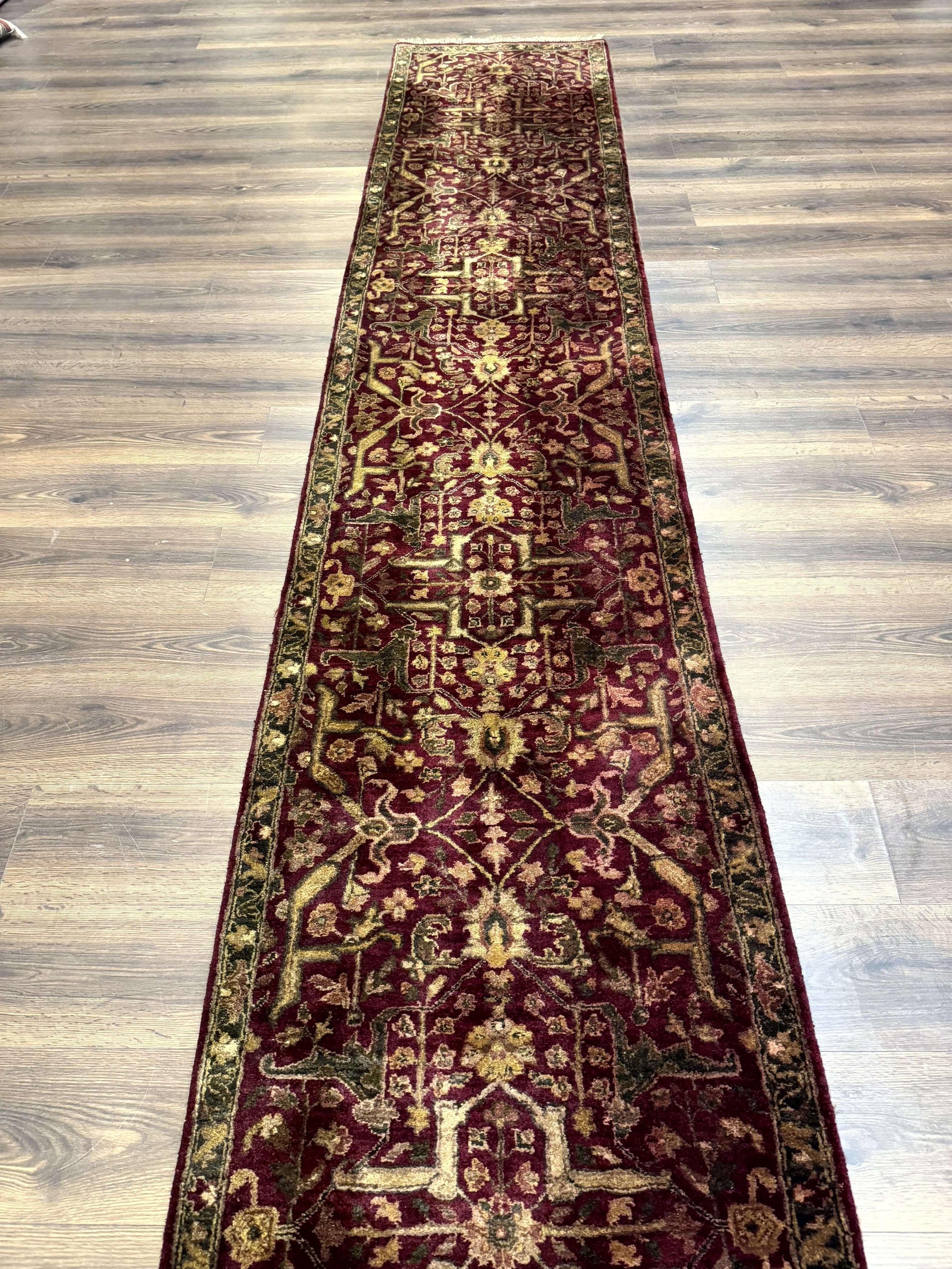 Indo Persian Runner Rug 2.7 x 13.8, Maroon, Wool, Handmade Indian Rug for Hallway - Nuvé