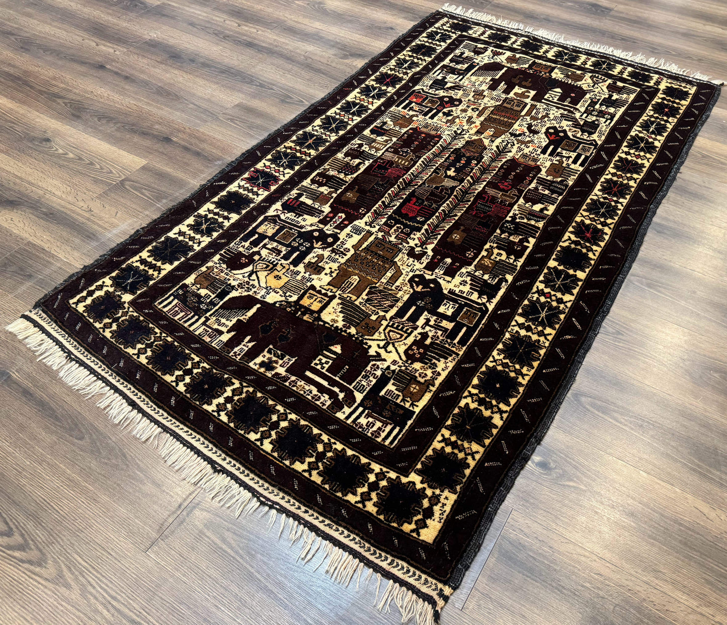 Persian Baluch Tribal Rug 4x6, Human and Bird Pictorials, Vintage, Wool, Collectible - Nuvé