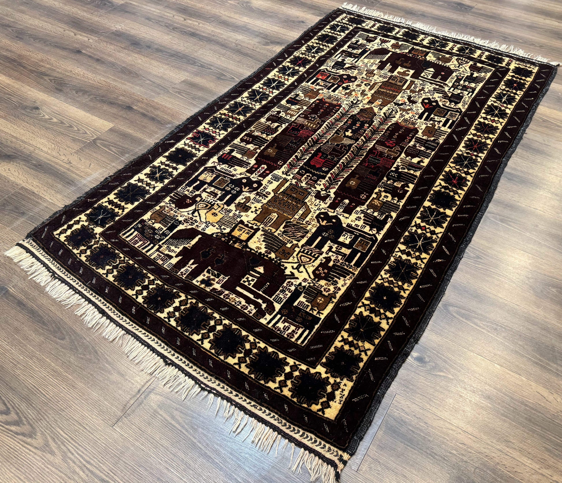 Persian Baluch Tribal Rug 4x6, Human and Bird Pictorials, Vintage, Wool, Collectible - Nuvé