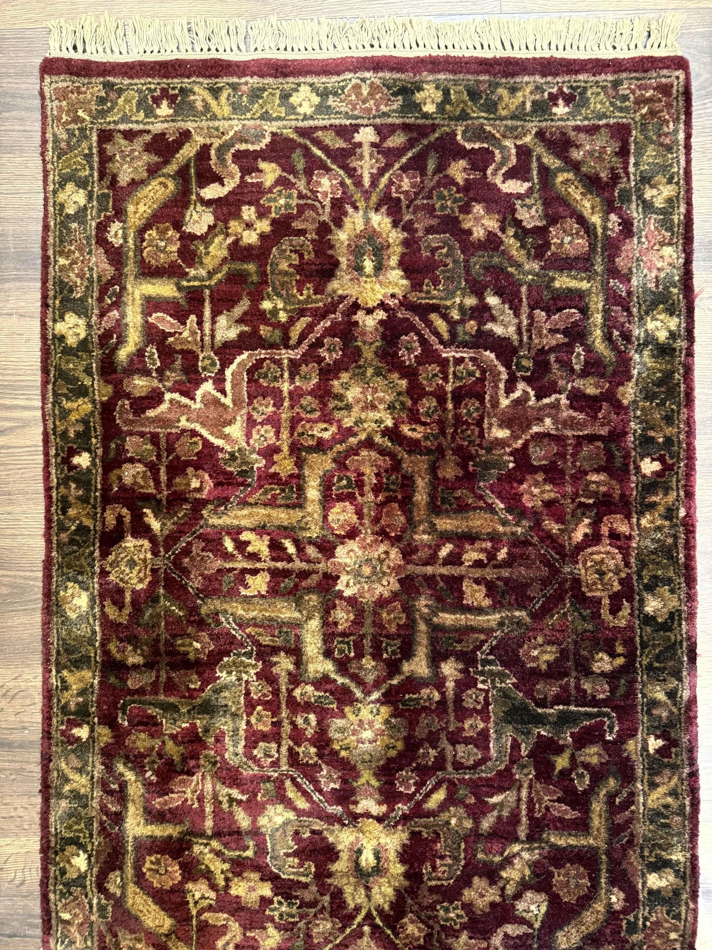 Indo Persian Runner Rug 2.7 x 13.8, Maroon, Wool, Handmade Indian Rug for Hallway - Nuvé