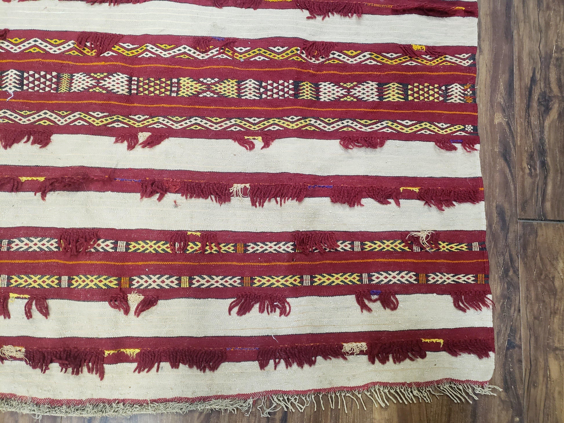 Antique Turkoman Yamud Rug 3x5 ft, 1920s Turkmen Sofreh Table Cover, Bohemian Rug, Tribal Collectible, Striped Rug, Handmade Ivory and Red - Nuvé