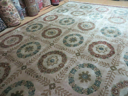 9' X 12' Modern Handmade Indo Lahore Wool Rug Art Deco Olive Ivory Nice Wow - Nuvé