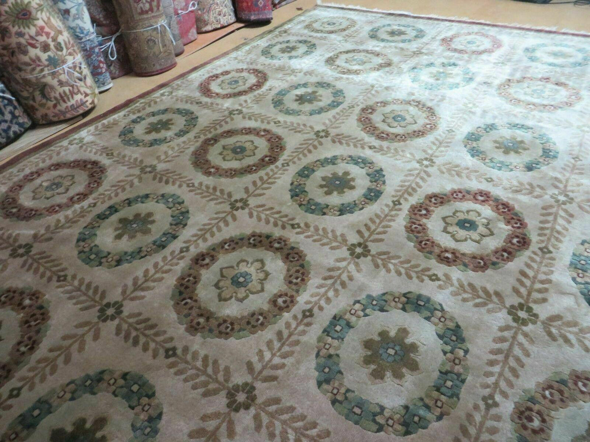 9' X 12' Modern Handmade Indo Lahore Wool Rug Art Deco Olive Ivory Nice Wow