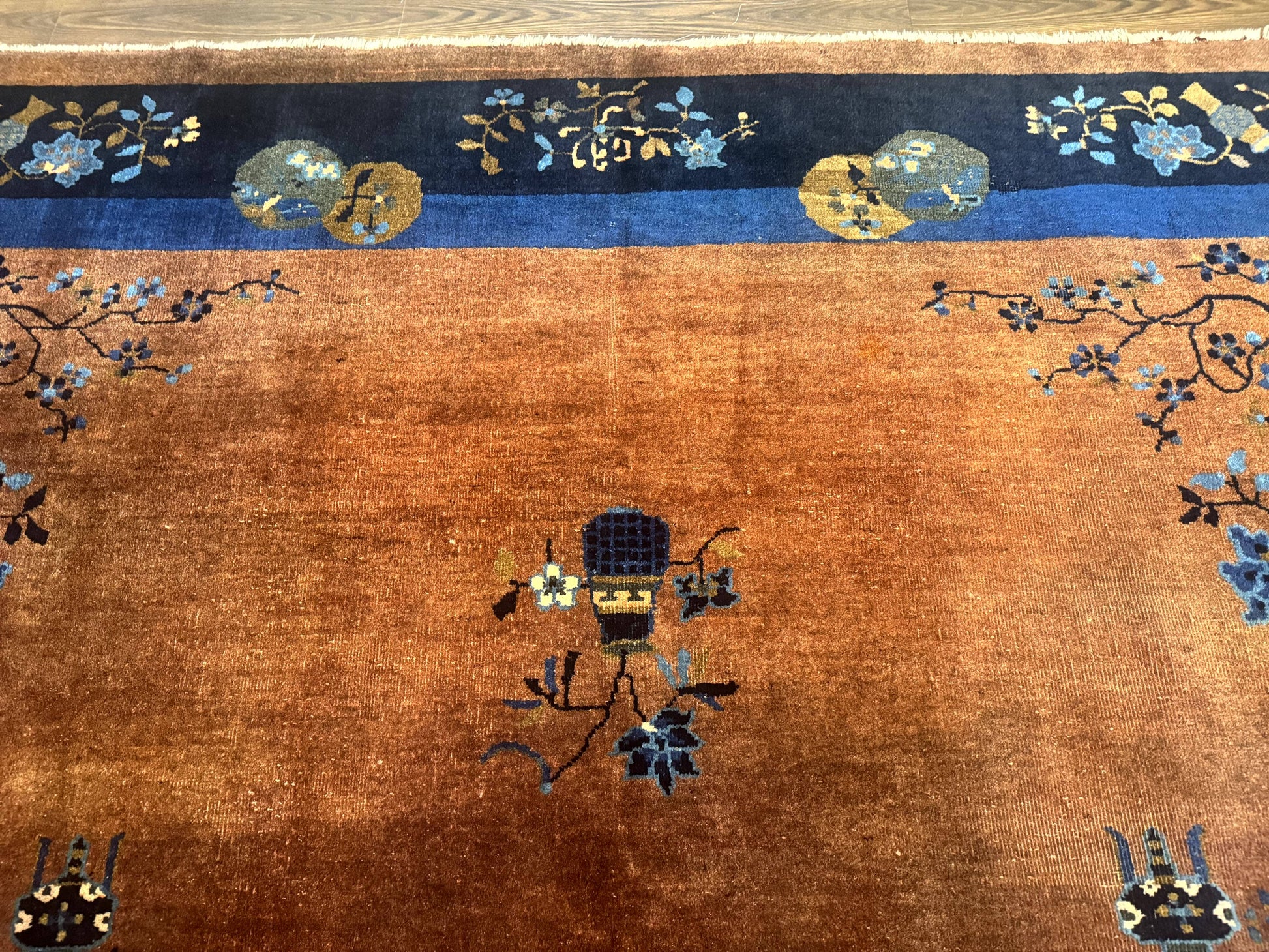 Antique Chinese Wool Rug 9x12, Light Brown and Navy Blue, Fete Peking Art Deco - Nuvé
