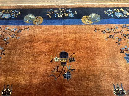 Antique Chinese Wool Rug 9x12, Light Brown and Navy Blue, Fete Peking Art Deco - Nuvé