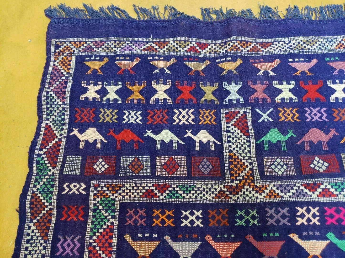 3' X 7' Vintage Handmade Indian Wool Kilim Flat weave Rug Camel Birds Blue Geometric Short Runner - Nuvé