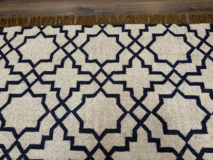 Indian Kilim Rug 8x10, Oat and Navy Blue, Dhurrie Carpet, Handmade, Wool - Nuvé