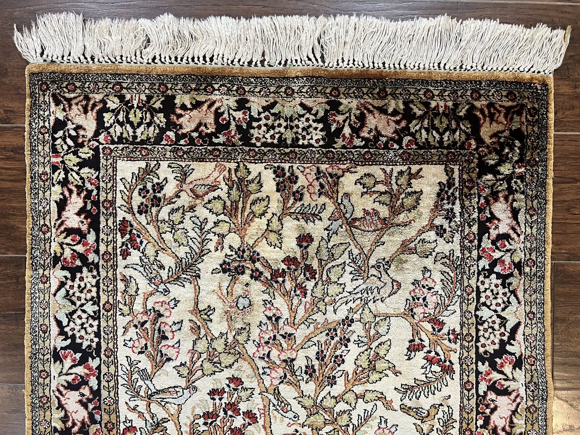 Silk Tree of Life Persian Qum Rug 3x4, Hand Knotted Vintage Carpet, Cream & Black, Very Fine Oriental Rug, Animal Pictorials, Birds - Nuvé