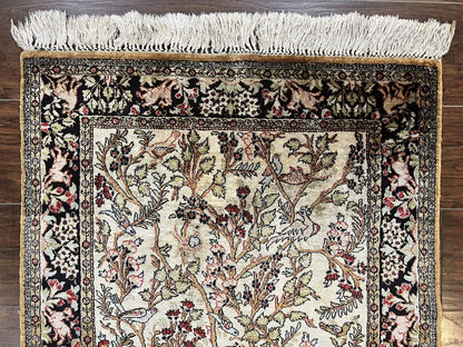 Silk Tree of Life Persian Qum Rug 3x4, Hand Knotted Vintage Carpet, Cream & Black, Very Fine Oriental Rug, Animal Pictorials, Birds - Nuvé