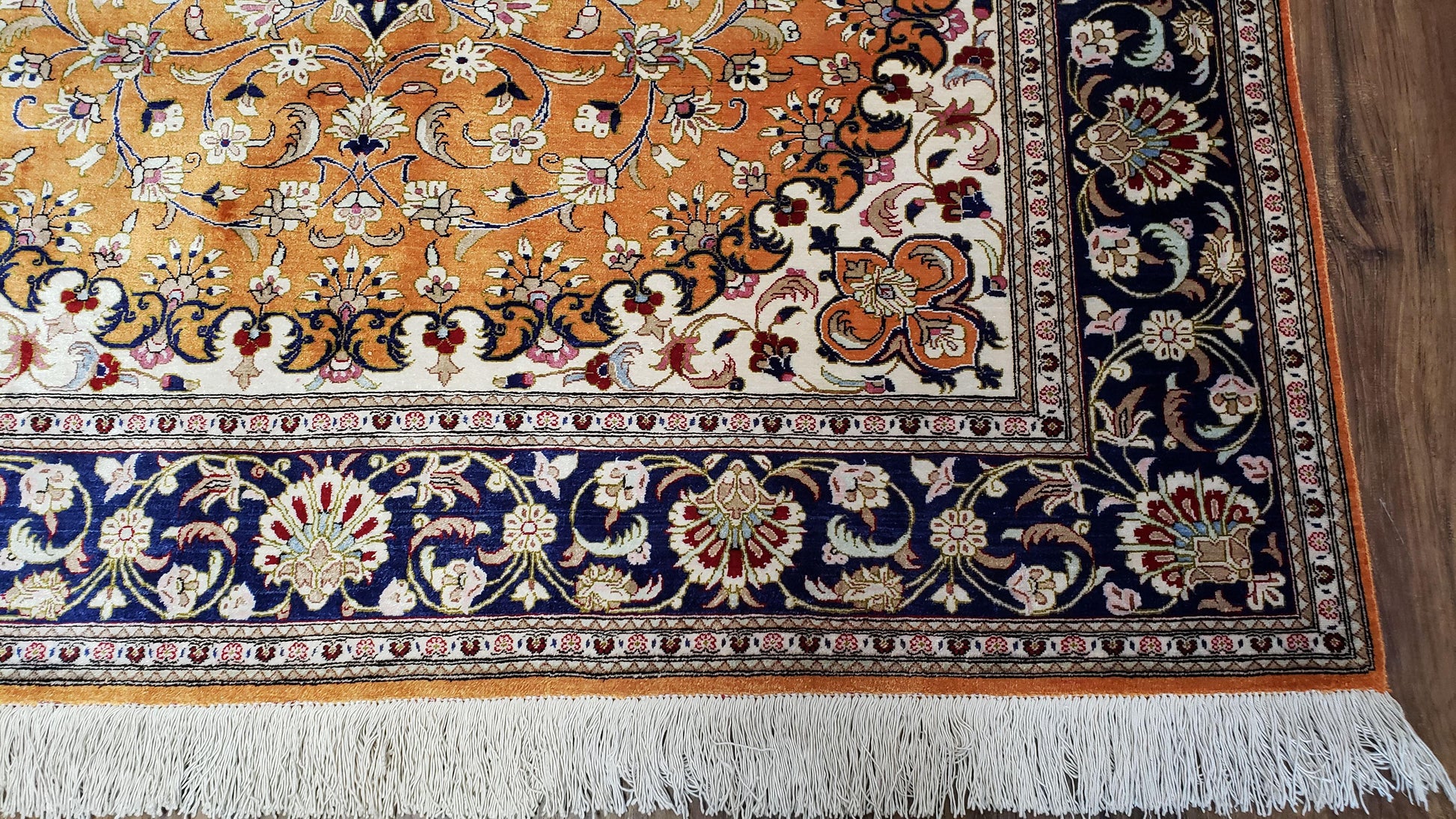 Vintage Persian Qum Silk Rug 4.6 x 6.7, Burnt Orange and Navy Blue, Antique Oriental Very Fine Signature Master Weaver 350+ KPSI Ghom Qom 5x7 Rug - Nuvé