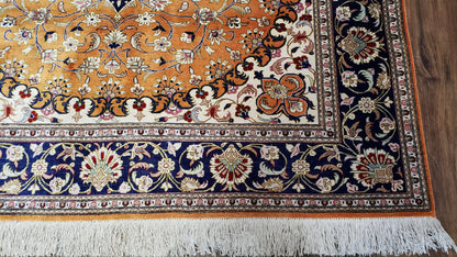 Vintage Persian Qum Silk Rug 4.6 x 6.7, Burnt Orange and Navy Blue, Antique Oriental Very Fine Signature Master Weaver 350+ KPSI Ghom Qom 5x7 Rug - Nuvé